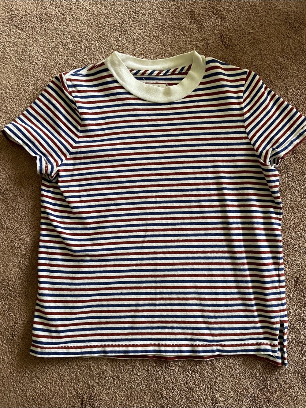 Madewell Heavy Weight Cream Tee with Red and Navy Stripe Detail